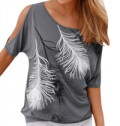 Azbro: Cold Shoulder Short Sleeve Feather Printed Blouse